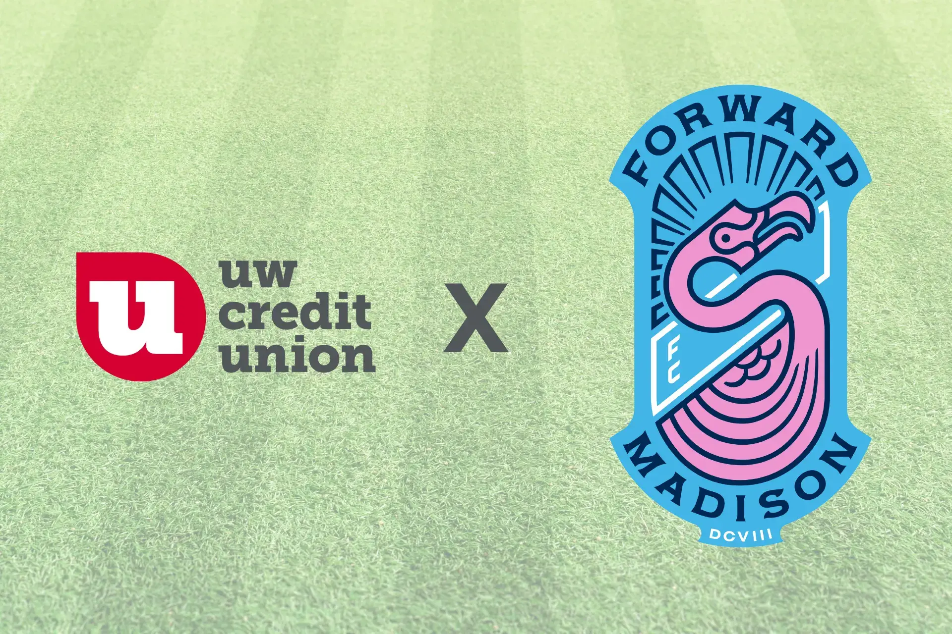 An image showing the UW Credit Union and the Forward Madison logo on a soccer field backdrop.