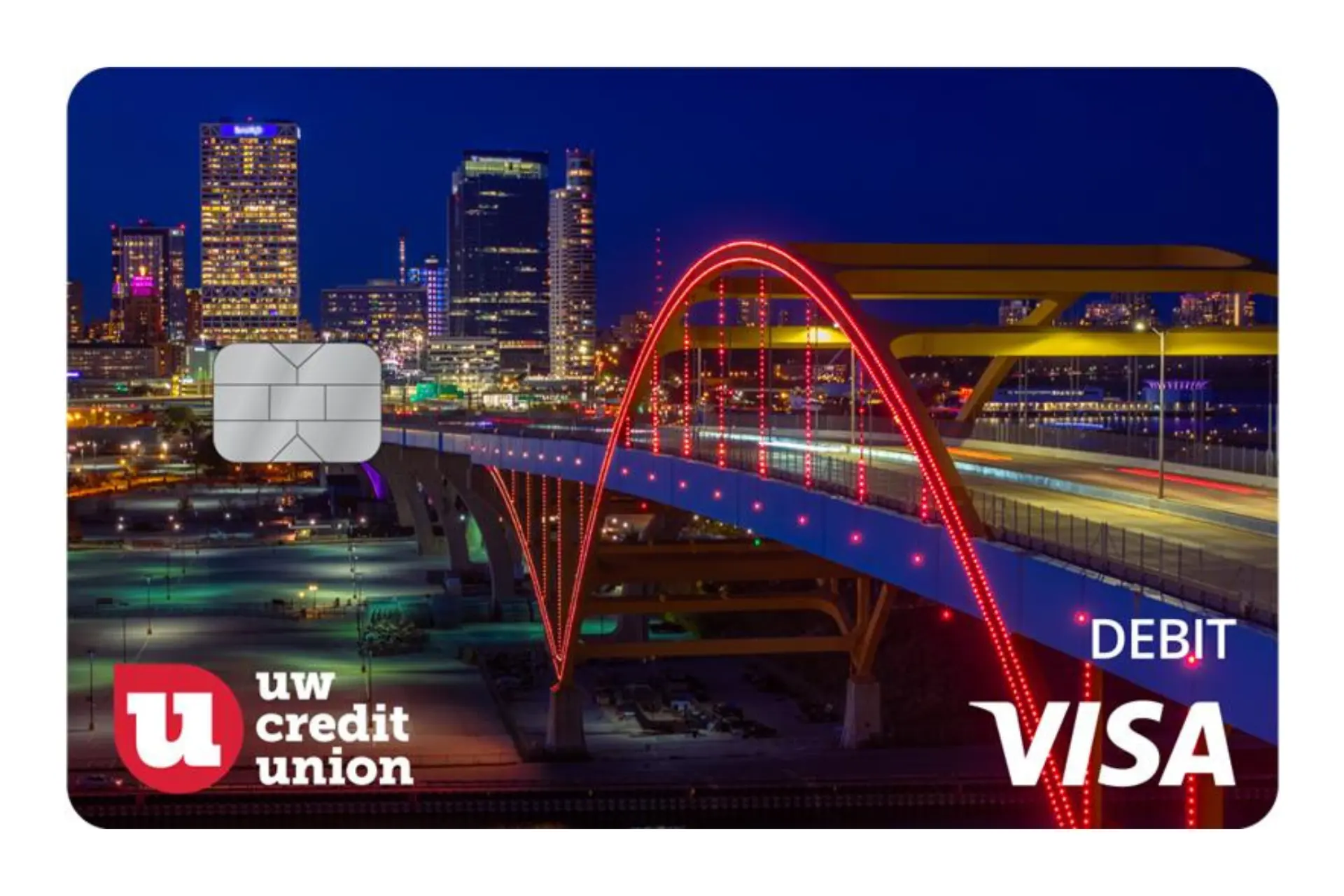 An image of the new Hoan bridge debit card, showing the bridge at night in a long exposure shot.