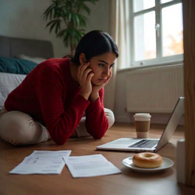 An image of a young woman sitting on the floor of her bedroom staring concernedly at a laptop screen.